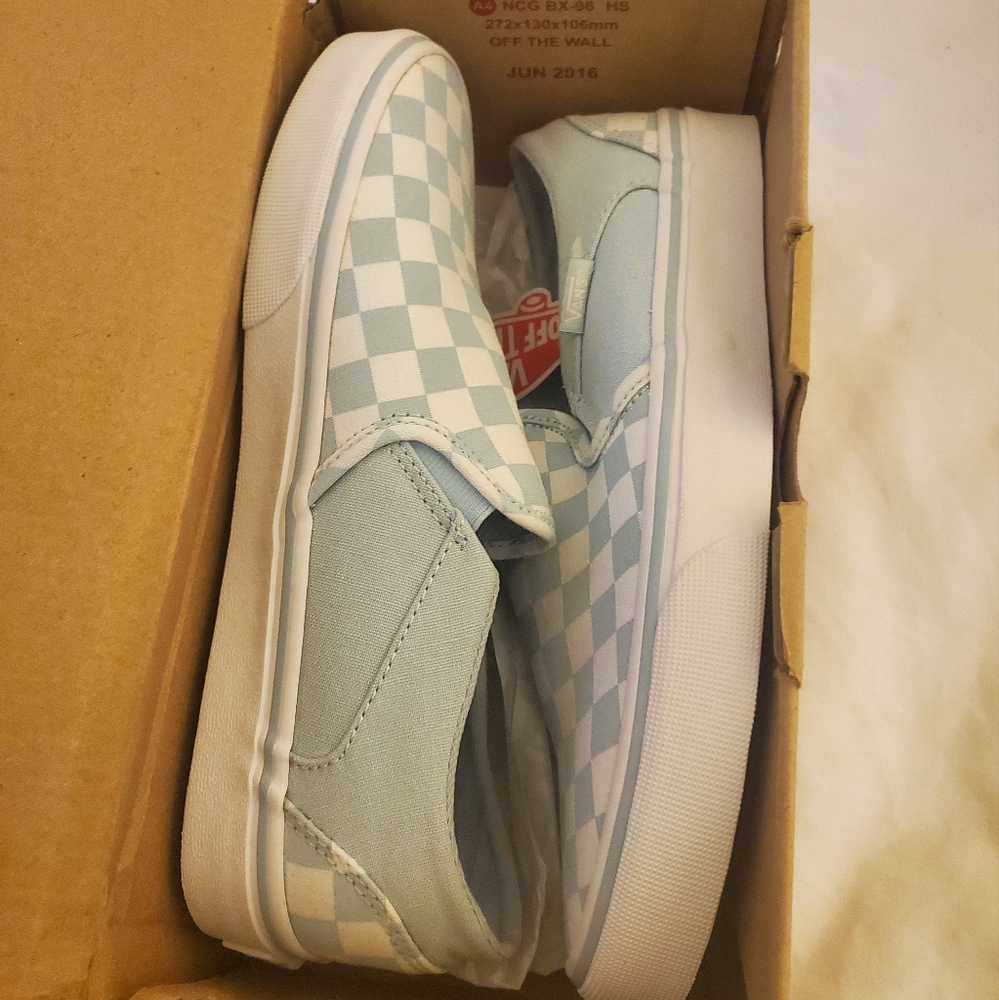 Baby blue checkered Vans